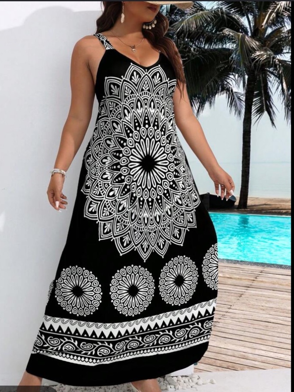 Bohemian Black & White Maxi Dress with Mandala Print